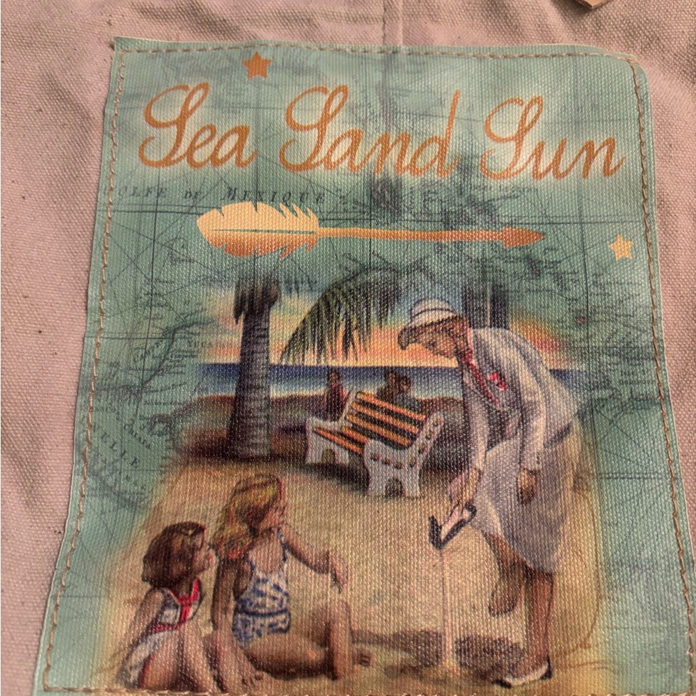 Vintage Addition Beige Tote Bag with Sea Sand Sun Design Leather accents NET - Picture 2 of 10